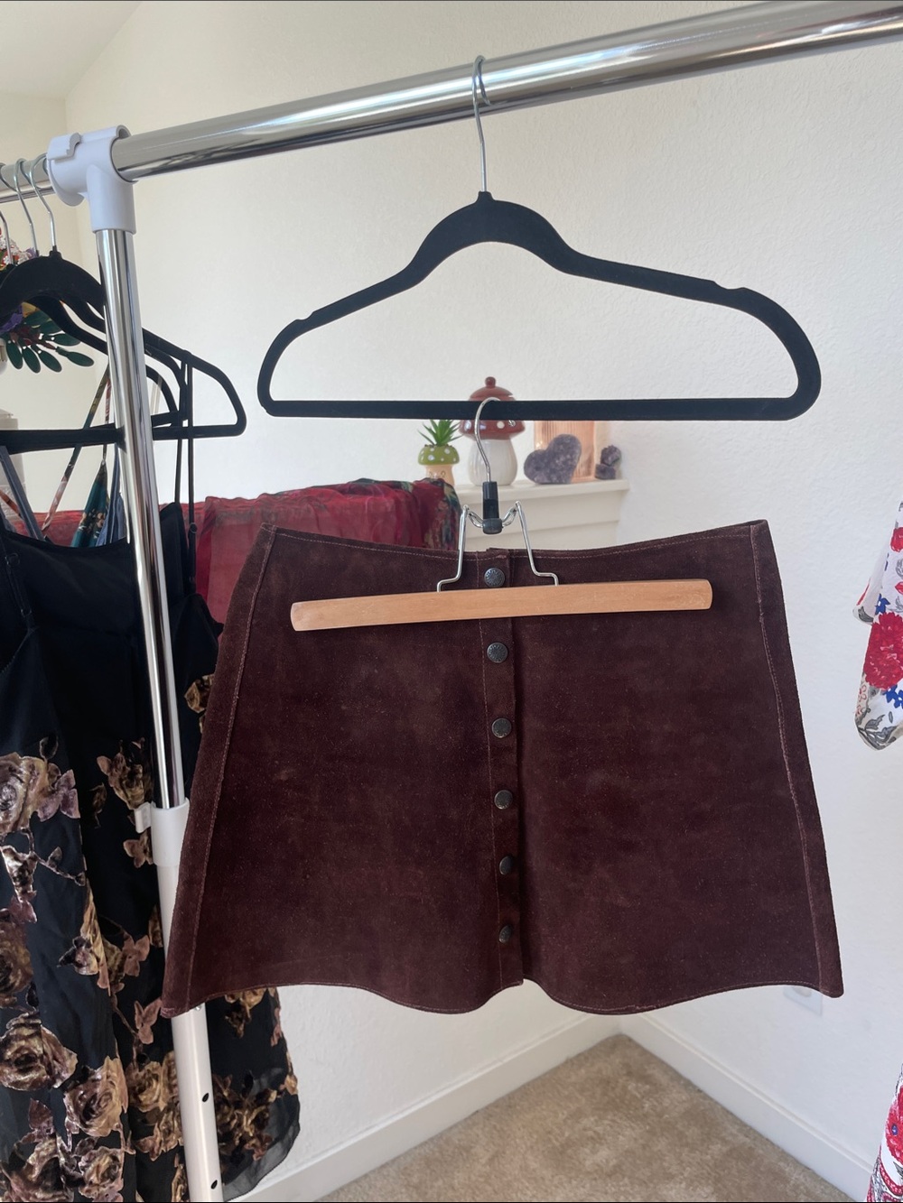 Brown Suede Button-Front Mini Skirt